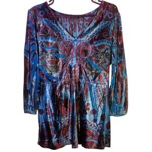 Y2K Baby Doll Velvet V-Neck Top 3/4 Sleeve Blue Green Paisley Pattern Size Med